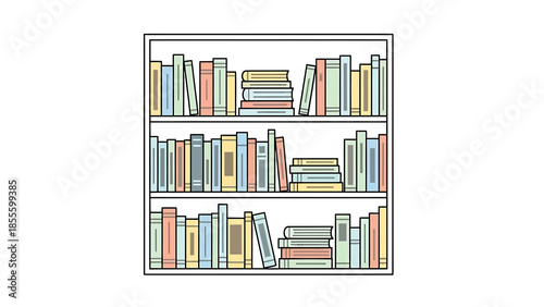 Colorful bookshelves filled with assorted books in a cozy library environment viewed from the front