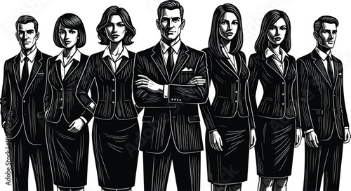 Black and white professional business team vector illustration featuring men and women in suits symbolizing leadership, teamwork, unity, and corporate success