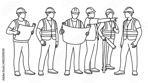 A construction worker team and engineer group holding a blueprint plan are standing together at a building project site for a safety meeting in this industrial architect line art sketch.