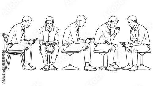 A group of business men are sitting in a row using smartphone technology to check social media internet addiction while waiting in a queue line art sketch drawing and vector illustration