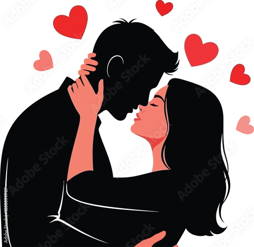 Romantic couple sharing tender kiss surrounded by floating hearts