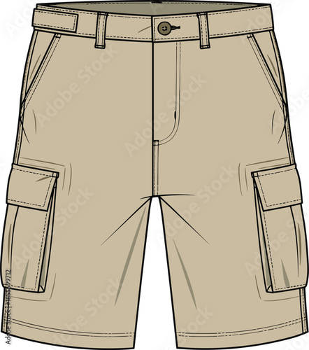 Cargo shorts fashion sketch, flap pockets, belt loops, button zip closure, casual wear, garment design, vector front view