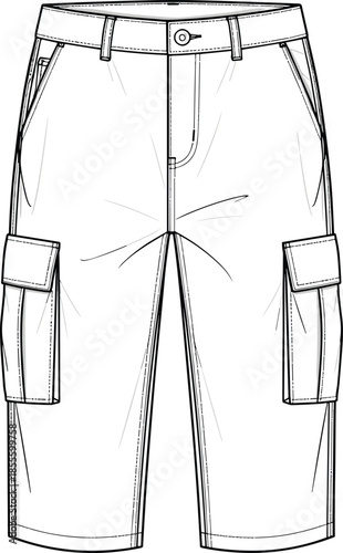 Cargo shorts fashion sketch, technical illustration, flap pockets, belt loops, button closure, garment design, vector front view drawing