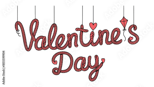 Valentine's Day Delight: Romantic script Valentine's Day banner is displayed with hearts and a small kite on strings, symbolizing love, celebration, and the spirit of romance. 