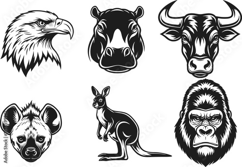 Black and white stylized animal vector illustrations featuring eagle, hippopotamus, bull, hyena, kangaroo, and gorilla heads for design use