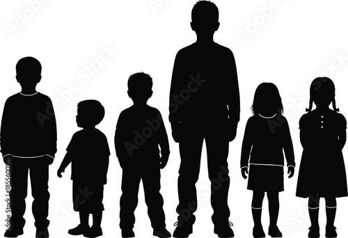 Children silhouette, standing kids, growth stages, casual clothing, child posture, black vector, educational icon, diverse height, childhood illustration, blank face, hairstyle variety, silhouette 