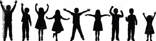 Children silhouette illustration, playful poses, joyful gesture diversity, fashion sketch, vector drawing, black white art, design reference, expressive movement, standing kids