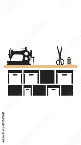Sewing machine and accessories on a workspace with storage units viewed from the front