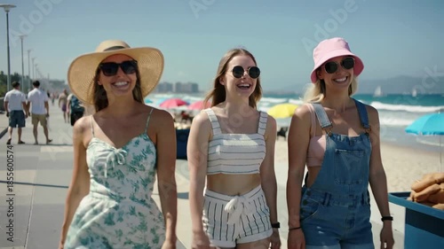 Three friends enjoying a sunny day at the beach, smiling and walking along the boardwalk