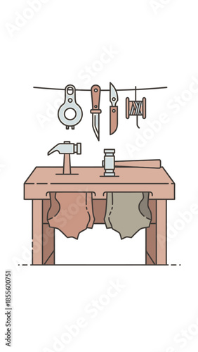 Workshop Scene with Tools and Leather Hides Hanging from a Wooden Workbench and Overhead Rack