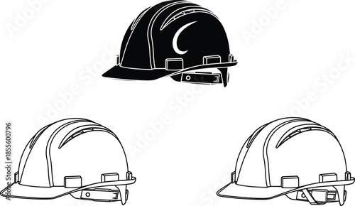 Black and white vector illustration of construction safety helmets with detailed line drawing for industrial design, branding, and protective gear use.