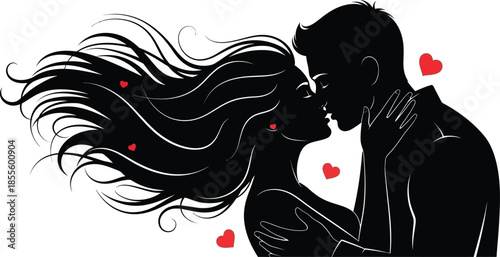 Romantic couple sharing tender kiss surrounded by floating hearts