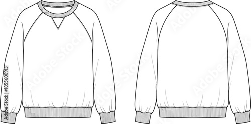 Crewneck sweatshirt fashion sketch, raglan sleeves, ribbed cuffs and hem, technical illustration, garment design, vector front back view