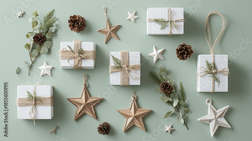 緑の背景に白箱と木製星飾りを配置した北欧テイストのナチュラル構成