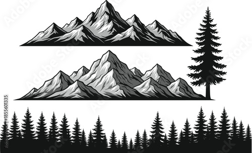 Black and white vector illustration of mountain ranges, coniferous trees, forest landscapes, wilderness nature scenery, outdoor adventure background design
