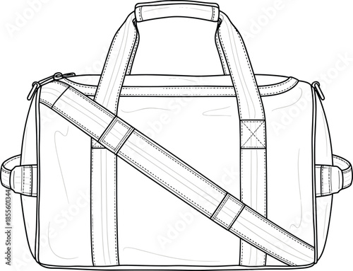 Duffel bag technical sketch, fashion accessory drawing, cylindrical shape, shoulder strap, top handle, vector illustration, design template, line art, hardware detail