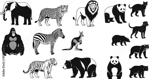 Black and white vector illustration of wild and domestic animals including elephant, lion, panda, tiger, dog, cat, zebra, bear, kangaroo, gorilla, leopard, red panda