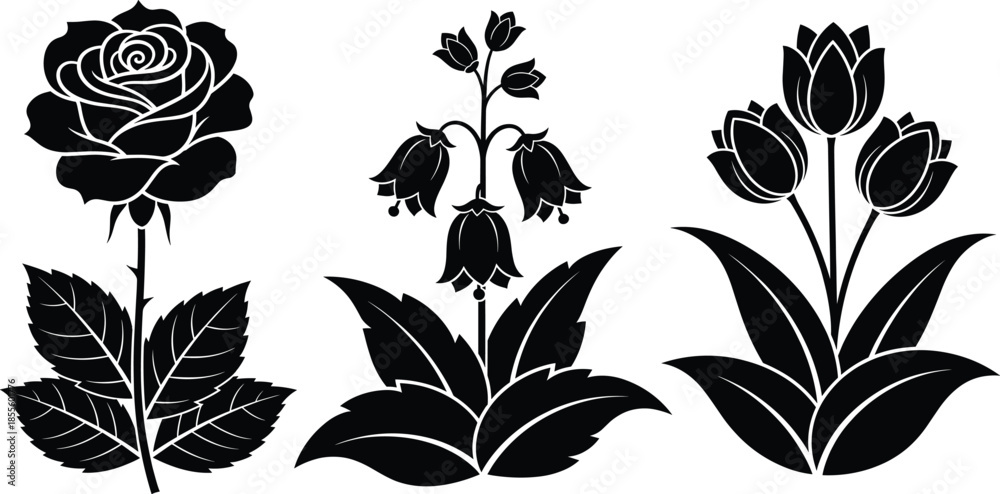 Fototapeta premium Black floral silhouette vector illustration featuring rose, bellflower, and tulip designs with detailed leaves perfect for botanical decorative artwork