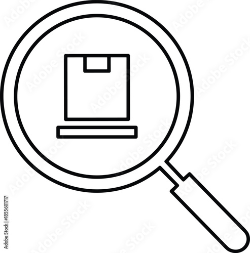 Line art vector icon of a magnifying glass searching for a shipping box isolated on white background for tracking and logistics.
