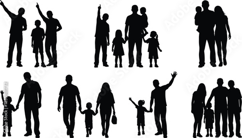 Family silhouette vector, parents and children pose, black figure sketch, diverse family group illustration, bonding moment design art