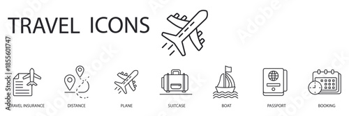 travel set icons outline and Flat Style,transparent background,