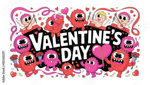 Valentine's Day Illustration: A vibrant and playful illustration celebrating Valentine's Day. It features heart-shaped designs and cute character. Capturing the spirit of love and affection.