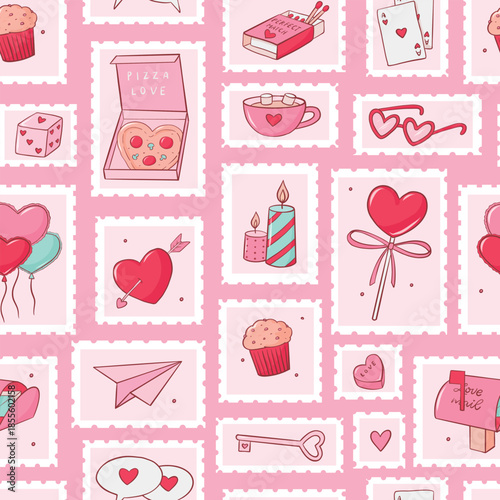 Valentine's day doodles and stamps seamless pattern for wallpaper, scrapbooking, wrapping paper, backgrounds, banners, textile prints, stationery, etc. EPS 10