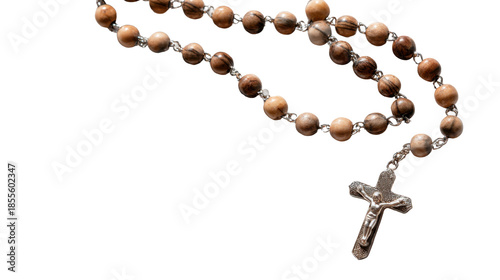 Wooden Catholic Rosary Beads with Silver Cross Isolated on White Background