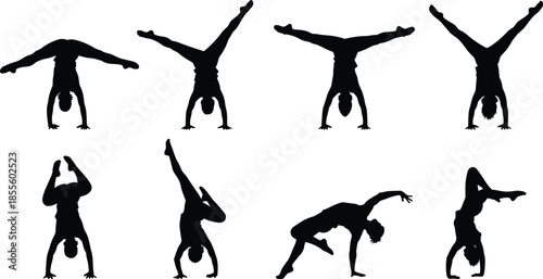Gymnast silhouette illustration, handstand poses, acrobatic movement, flexibility sketch, vector drawing, black white art, athletic gesture, motion study, strength balance, tumbling form