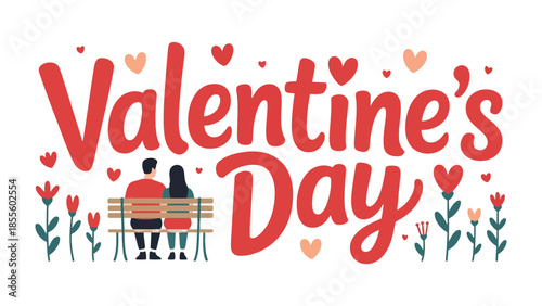 Valentine's Day Serenade: A romantic scene unfolds with the inscription of Valentine's Day accompanied by a couple enjoying each other's company on a bench under the stars and hearts.