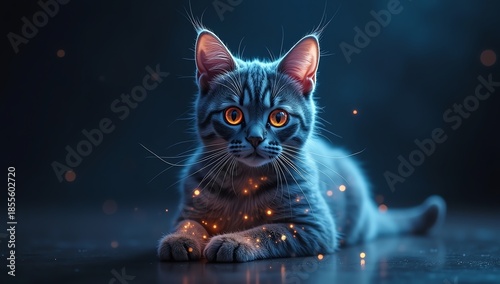 Enigmatic Feline with Mesmerizing Orange Eyes and Sparkling Aura Resting in a Deep Blue Night, Evoking a Sense of Mystical Wonder and Serene Enchantment