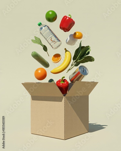  Fresh groceries and bottled water appear to float magically out of a cardboard box. 