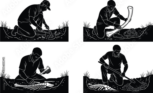 Black silhouette vector illustration of archaeologists and paleontologists excavating fossils, bones, skeletons, and artifacts in detailed excavation scenes.