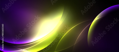 Abstract flowing shapes, vibrant purple, yellow hues dominate dark background. Smooth gradients create dynamic visual effect.