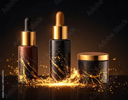Three skincare product containers with gold accents and a marble-like pattern. Sparkling golden particles erupt from below