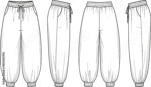 Jogger pants fashion sketch, elastic waistband, drawstring tie, side pockets, ribbed cuffs, technical illustration, vector multi-angle views