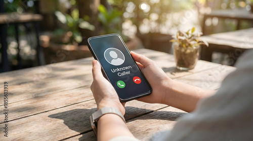 Person holding smartphone with unknown caller screen,potential scam or spam call,telemarketing fraud warning,suspicious phone number,mobile communication risk,privacy security threat,danger.