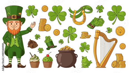 A collection of St. Patrick's Day themed illustrations including a leprechaun, shamrocks, gold coins, a pot of gold, and a harp.