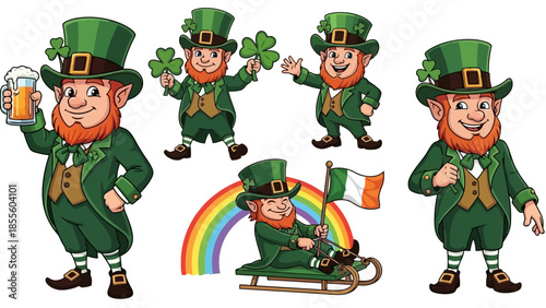 A collection of cartoon leprechauns in various poses, celebrating St. Patrick's Day with shamrocks, a rainbow, and a pint of beer.