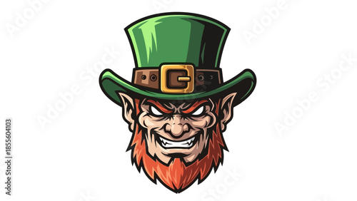 Close-up illustration of a leprechaun's face, wearing a green hat with a brown belt and buckle.