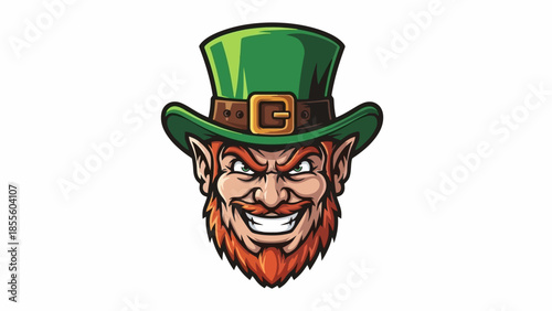 Cartoon leprechaun head with green hat and beard, grinning menacingly.