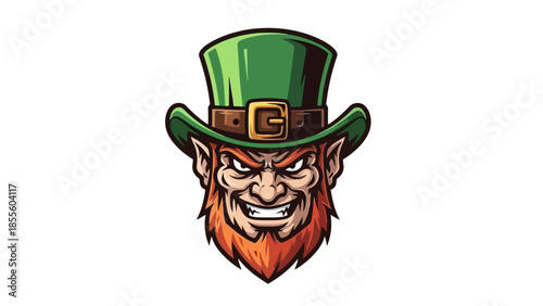 A menacing leprechaun with a green top hat and a fierce grin, detailed illustration.