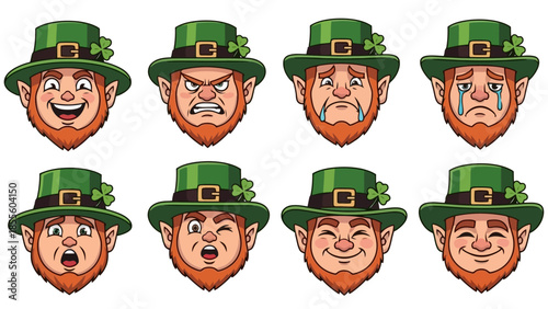 A collection of eight cartoon leprechaun faces displaying a variety of emotions, each wearing a green hat with a shamrock.