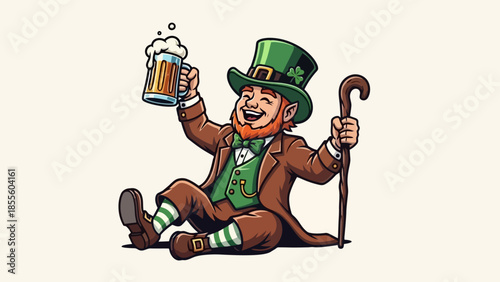 A cheerful leprechaun, wearing a green hat and suit, holding a beer mug and cane.
