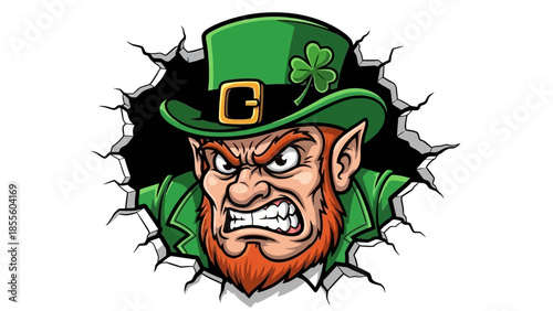 An angry leprechaun with a green hat and jacket bursts through a torn background.