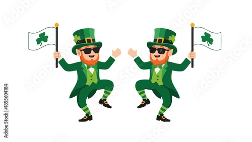 Two dancing leprechauns in green suits and hats, holding flags with shamrocks, celebrating St. Patrick's Day.