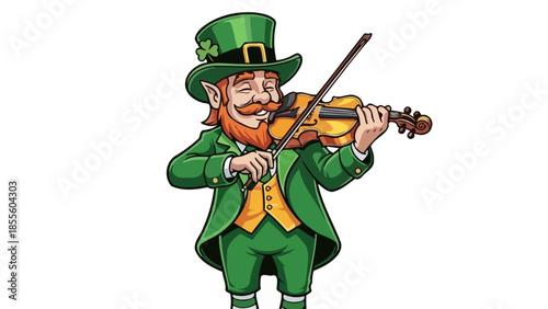 A cartoon leprechaun in a green suit and hat plays a violin with his eyes closed.