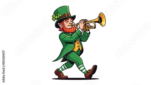 Leprechaun playing trumpet, wearing green suit and hat with shamrocks.
