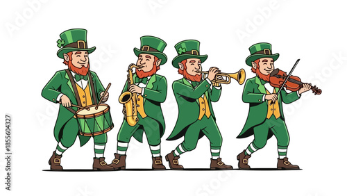 Illustration of a band of four leprechauns in green outfits playing musical instruments.