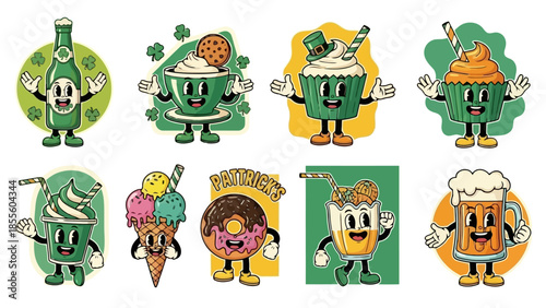 St. Patrick's Day cartoon food and drink characters.